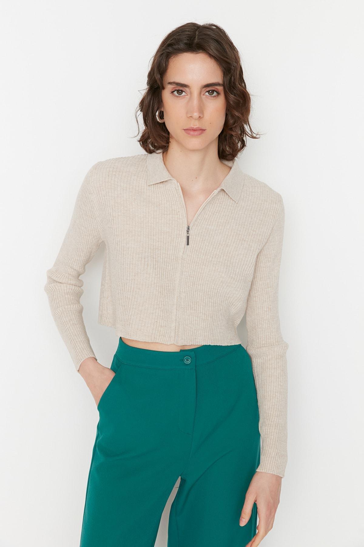Beige Slim Polo Neck Cardigan, Beige, large image number 2