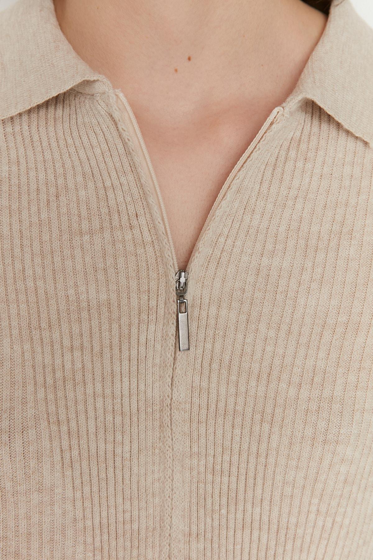 Beige Slim Polo Neck Cardigan, Beige, large image number 3