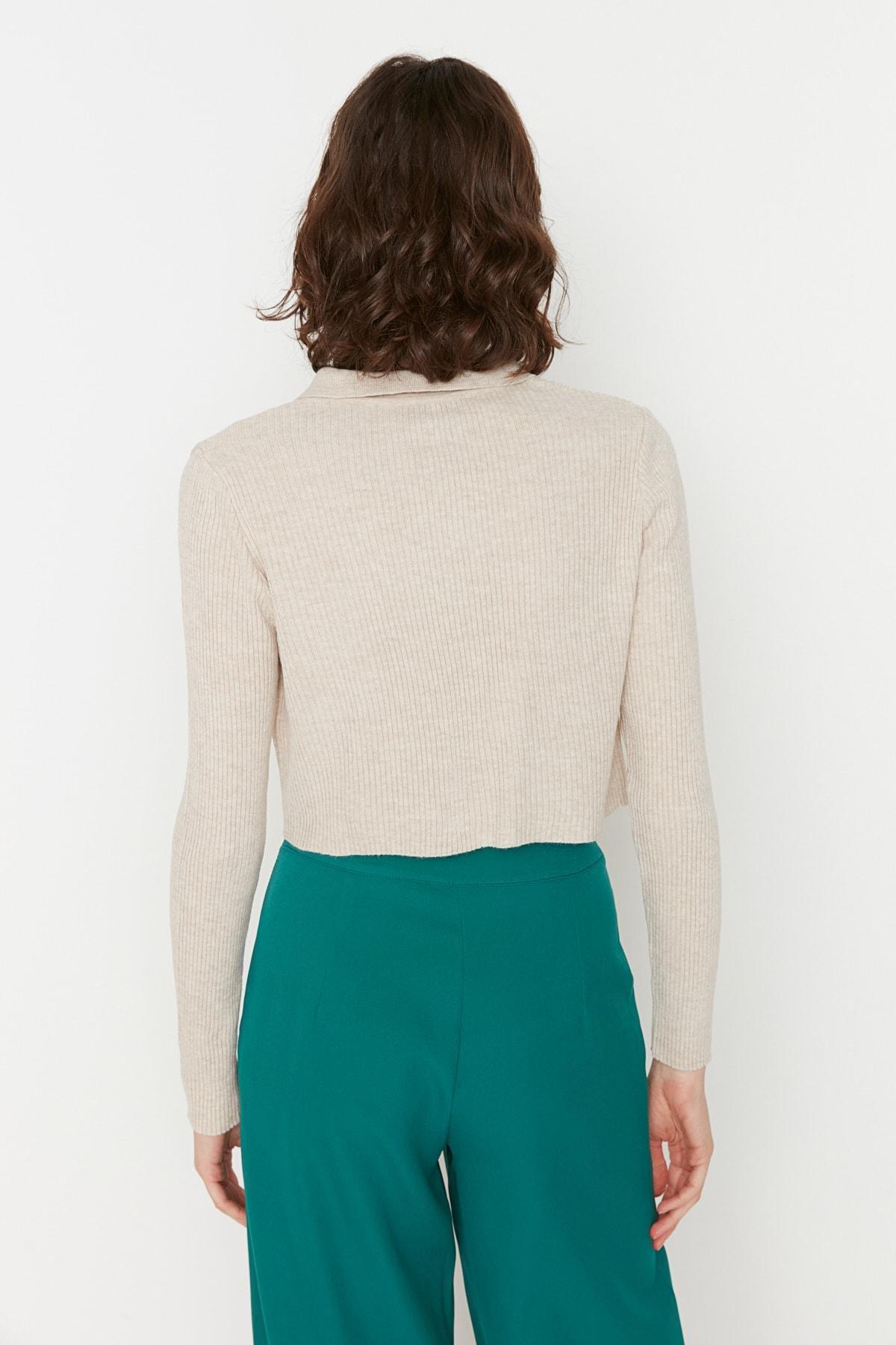 Beige Slim Polo Neck Cardigan, Beige, large image number 4