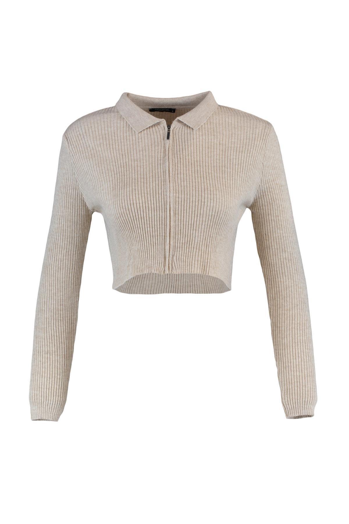 Beige Slim Polo Neck Cardigan, Beige, large image number 5