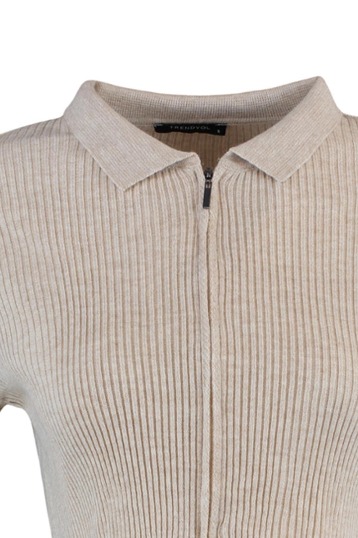 Beige Slim Polo Neck Cardigan, Beige, large image number 6