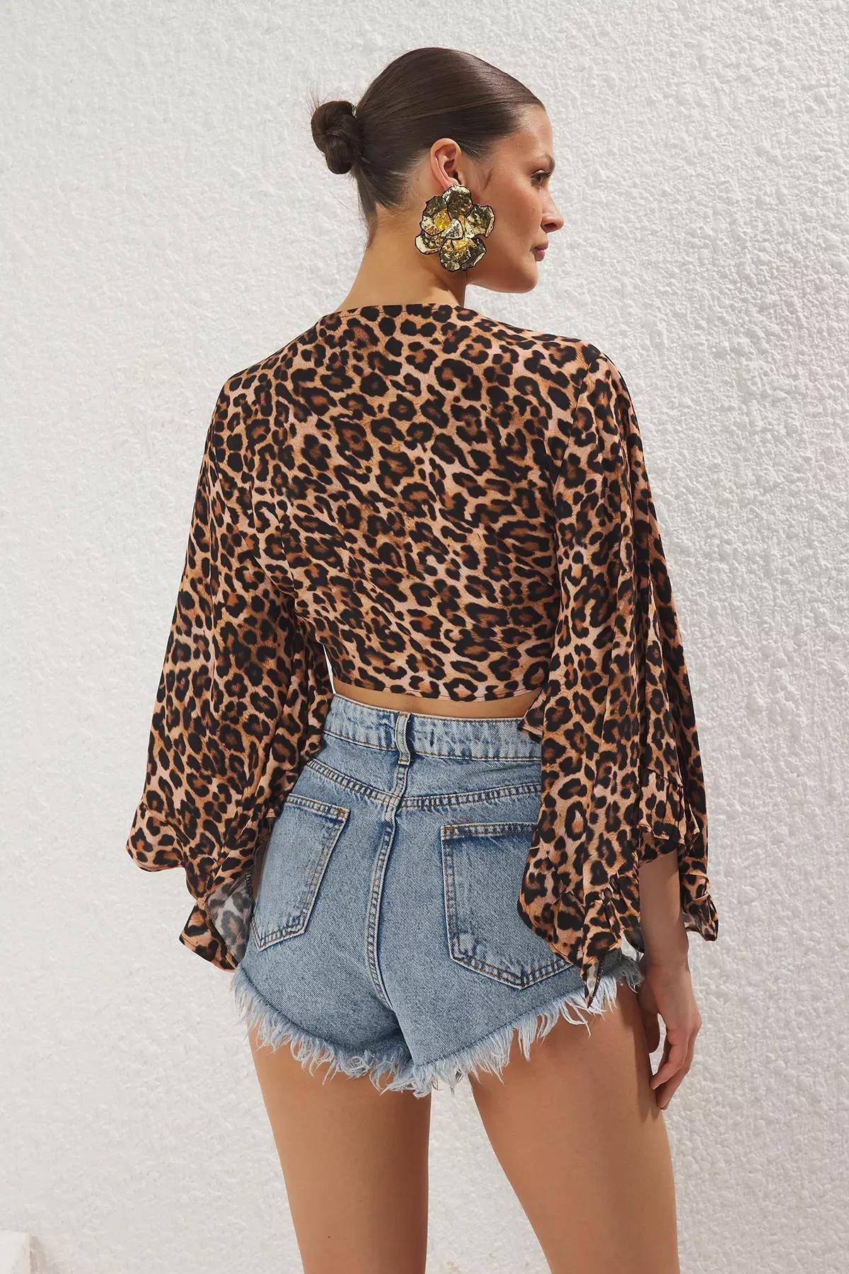 Leopard Print Crop Flounce Beach Blouse, Brown-Multicolor, large image number 3