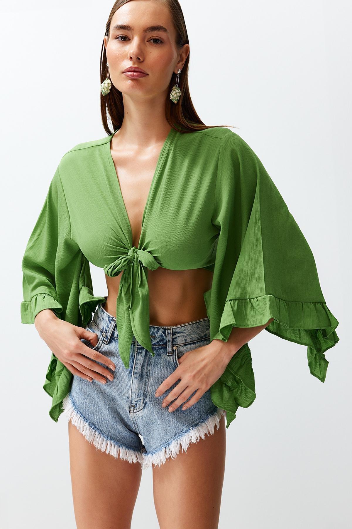 Green Cropped Blouse, , large image number 0