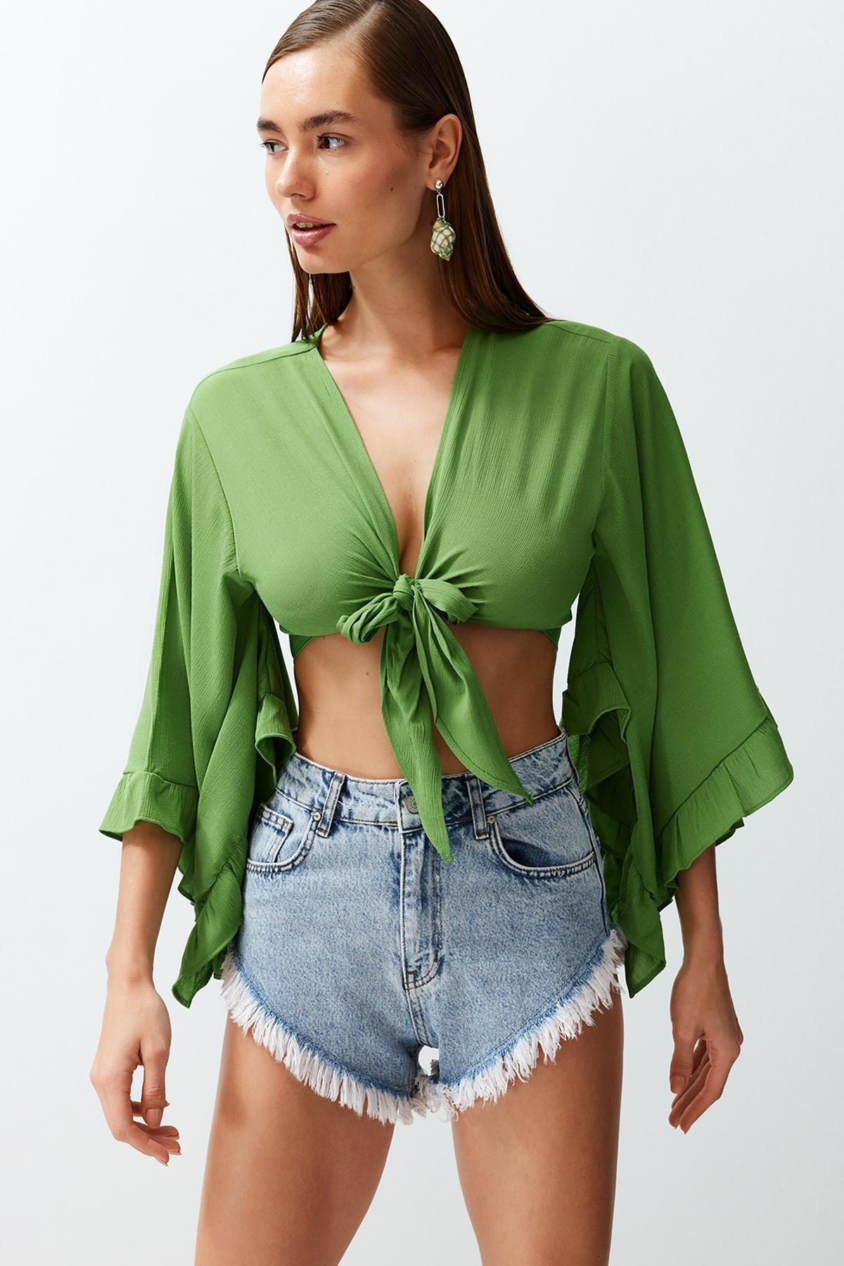 Green Cropped Blouse, , large image number 1