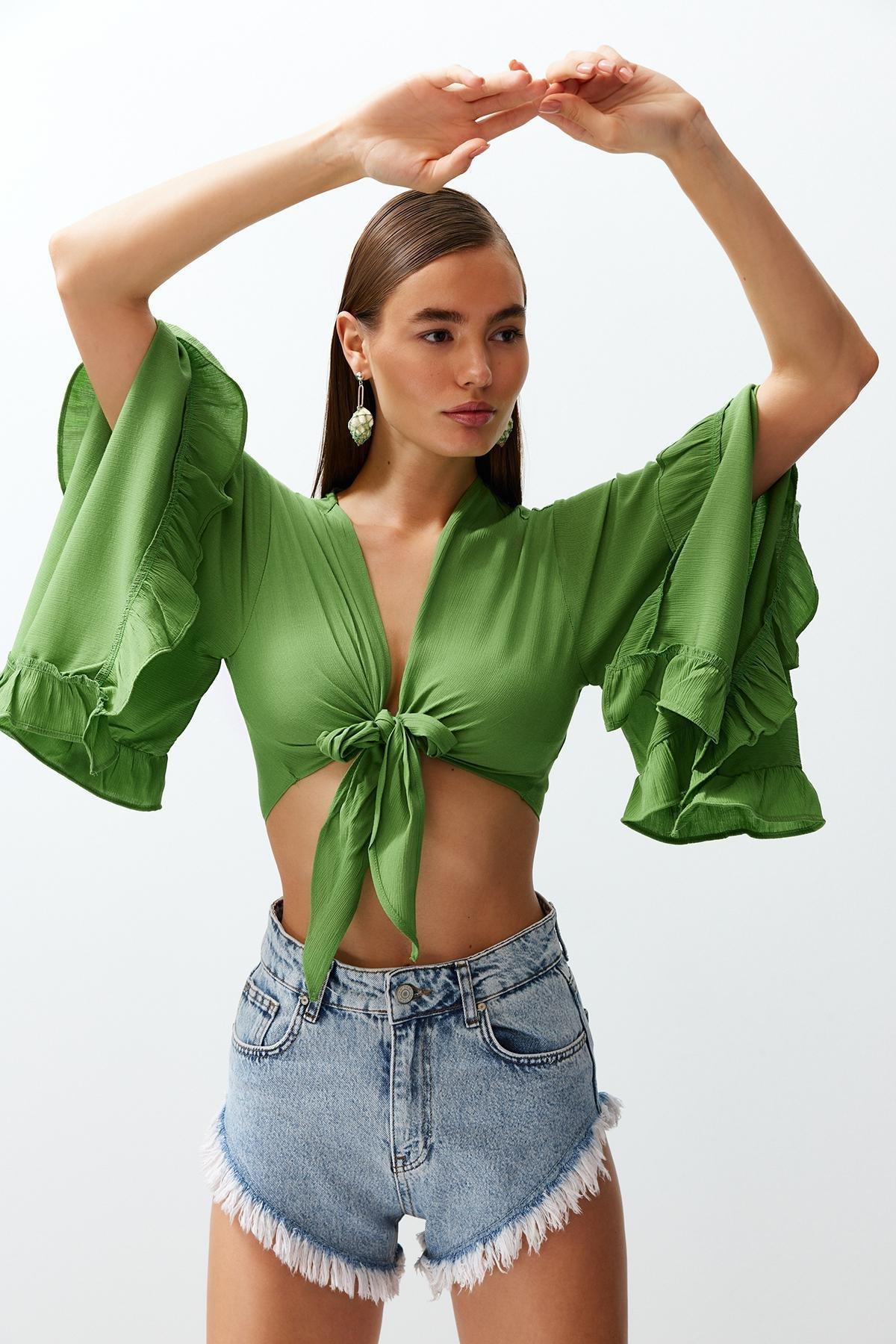Green Cropped Blouse, , large image number 2