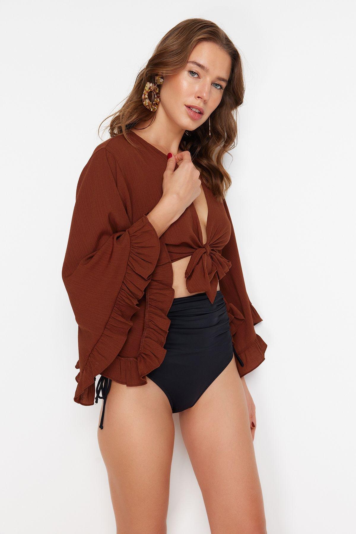 Brown Crop Woven Flounce Beach Blouse, , large image number 2