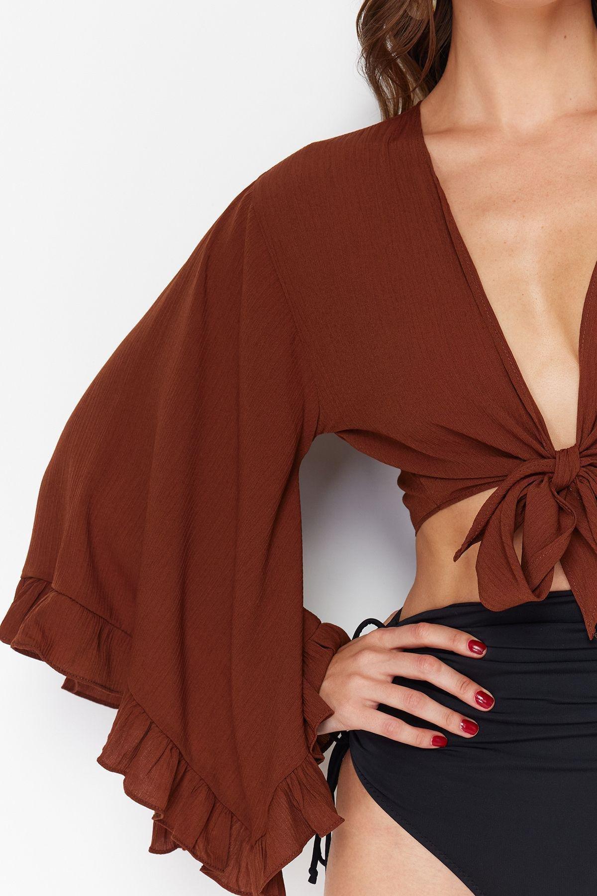 Brown Crop Woven Flounce Beach Blouse, , large image number 4