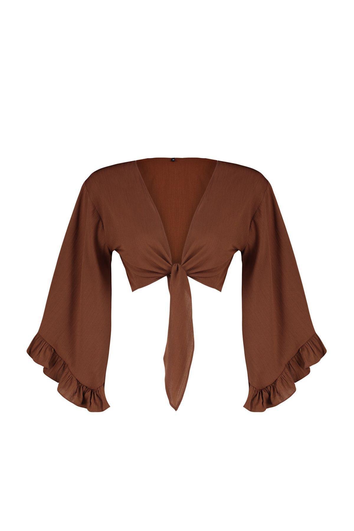 Brown Crop Woven Flounce Beach Blouse, , large image number 5