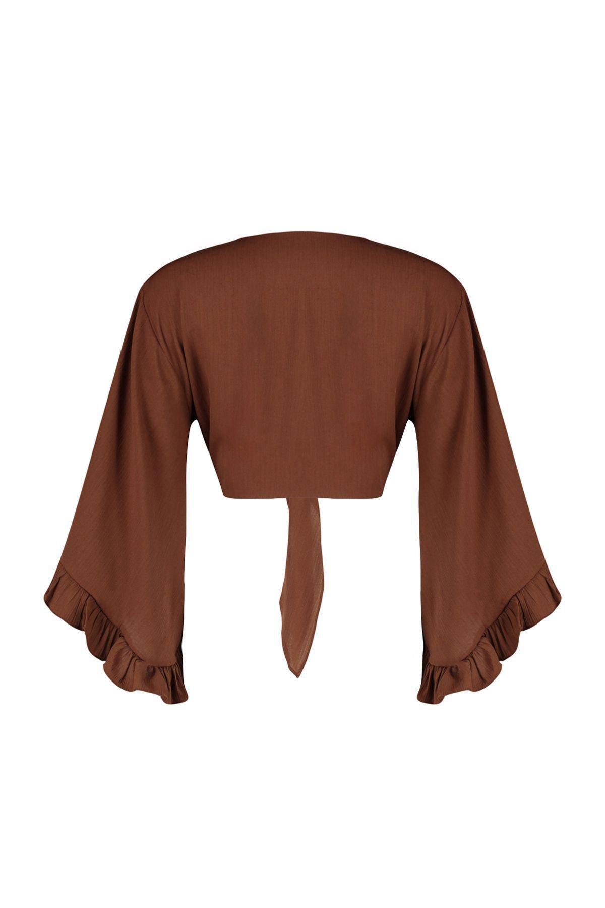 Brown Crop Woven Flounce Beach Blouse, , large image number 6