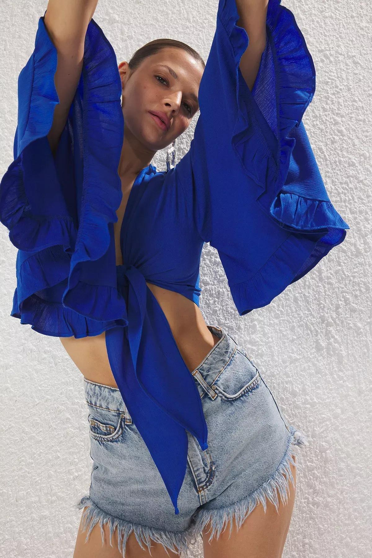 Blue Crop Flounce Beach Blouse, , large image number 1