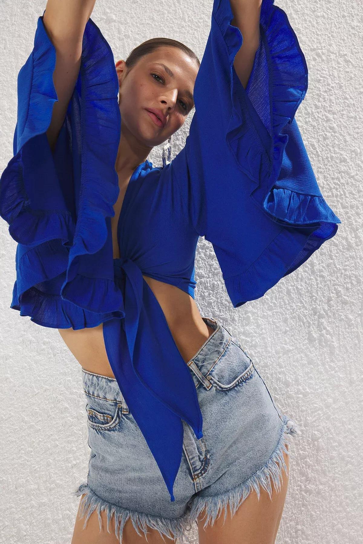 Blue Crop Flounce Beach Blouse, , large image number 3