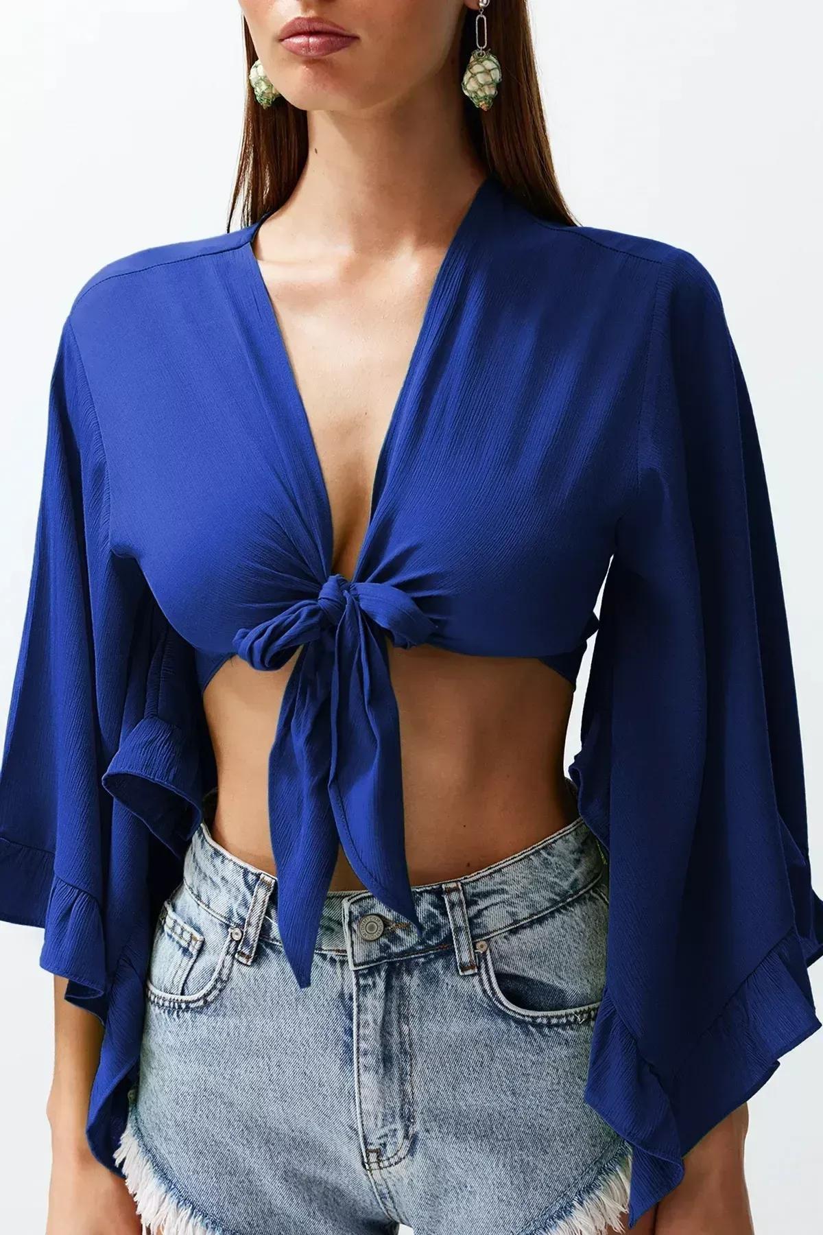Blue Crop Flounce Beach Blouse, , large image number 7
