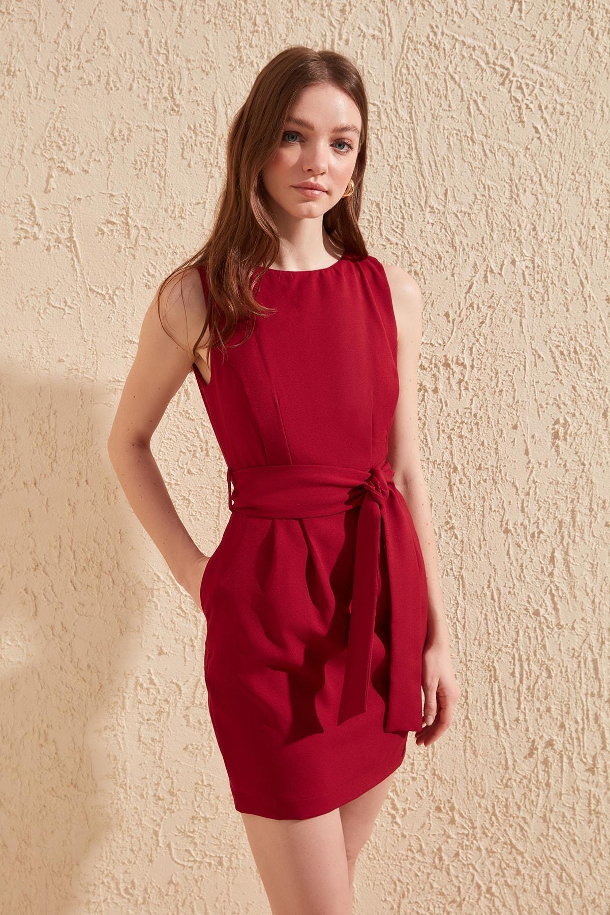 Red A Line Crew Neck Dress, , large image number 0
