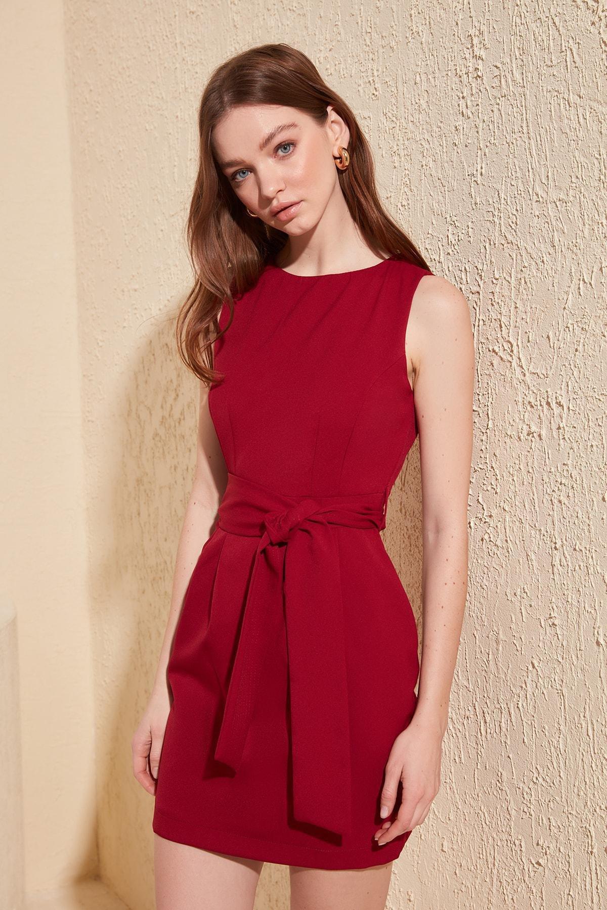 Red A Line Crew Neck Dress, , large image number 2