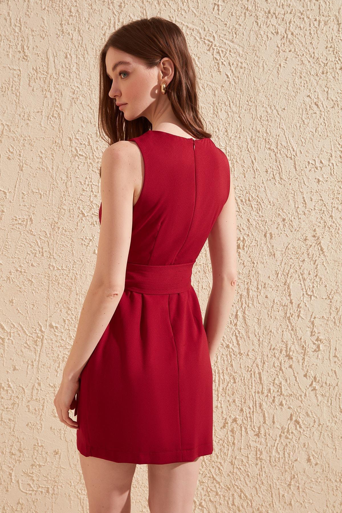 Red A Line Crew Neck Dress, , large image number 4