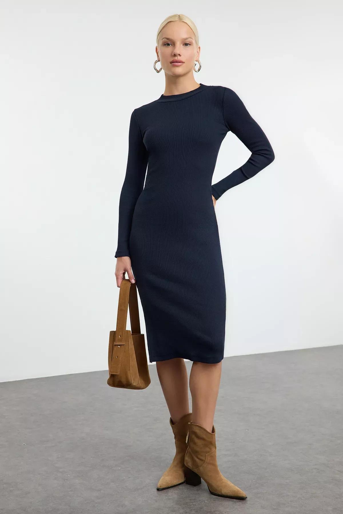 Navy Crew Neck Midi Ribbed Knitted Dress, , medium