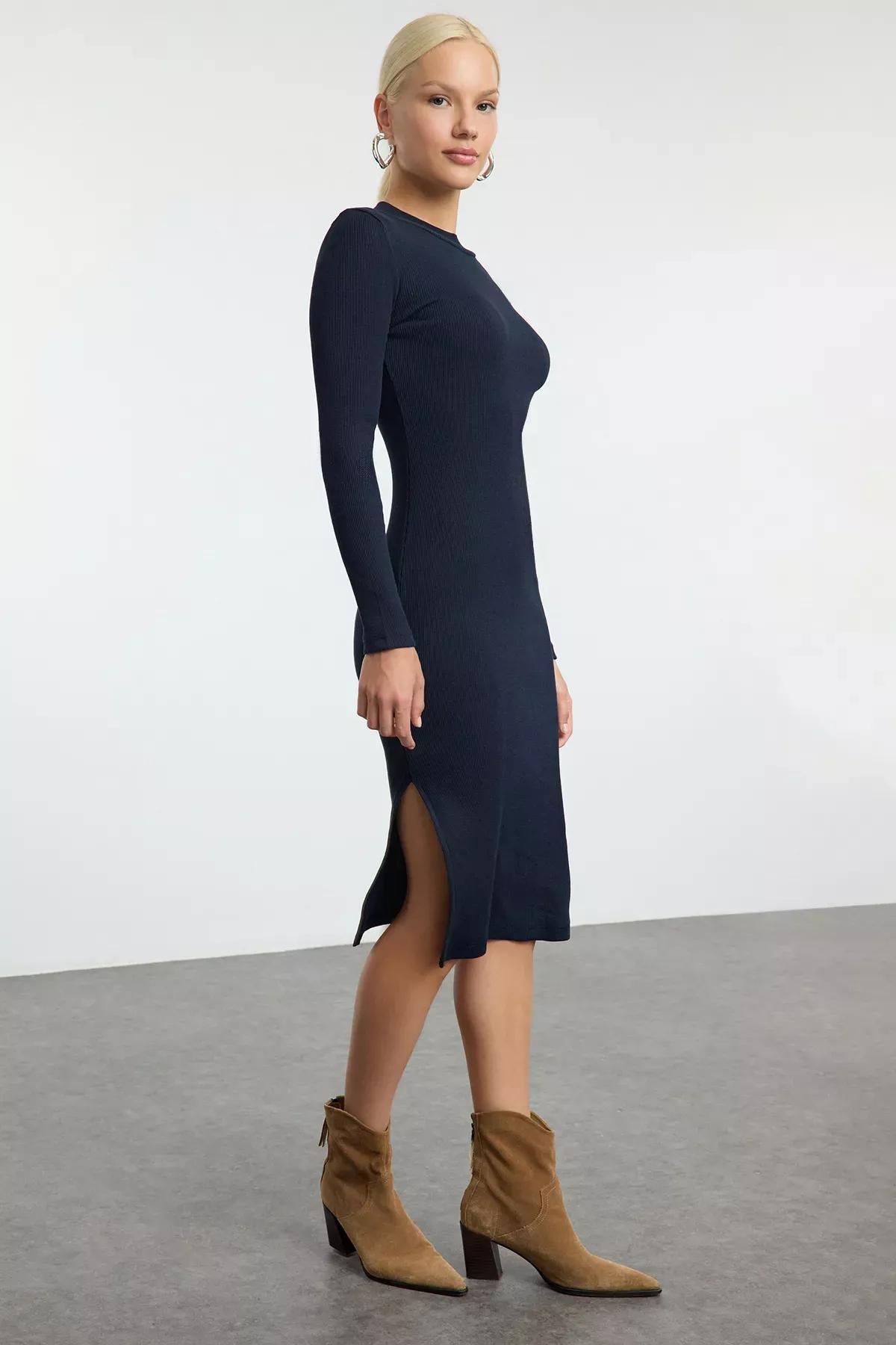 Navy Crew Neck Midi Ribbed Knitted Dress, , large image number 1