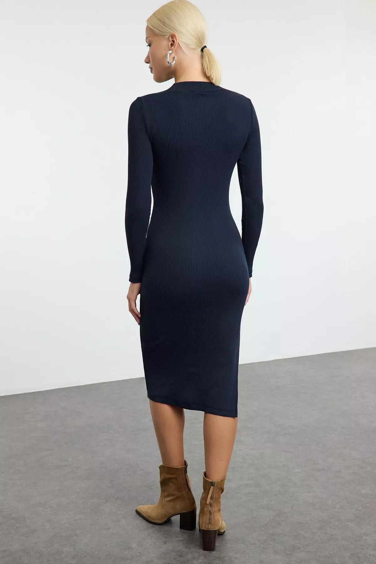 Navy Crew Neck Midi Ribbed Knitted Dress, , large image number 4