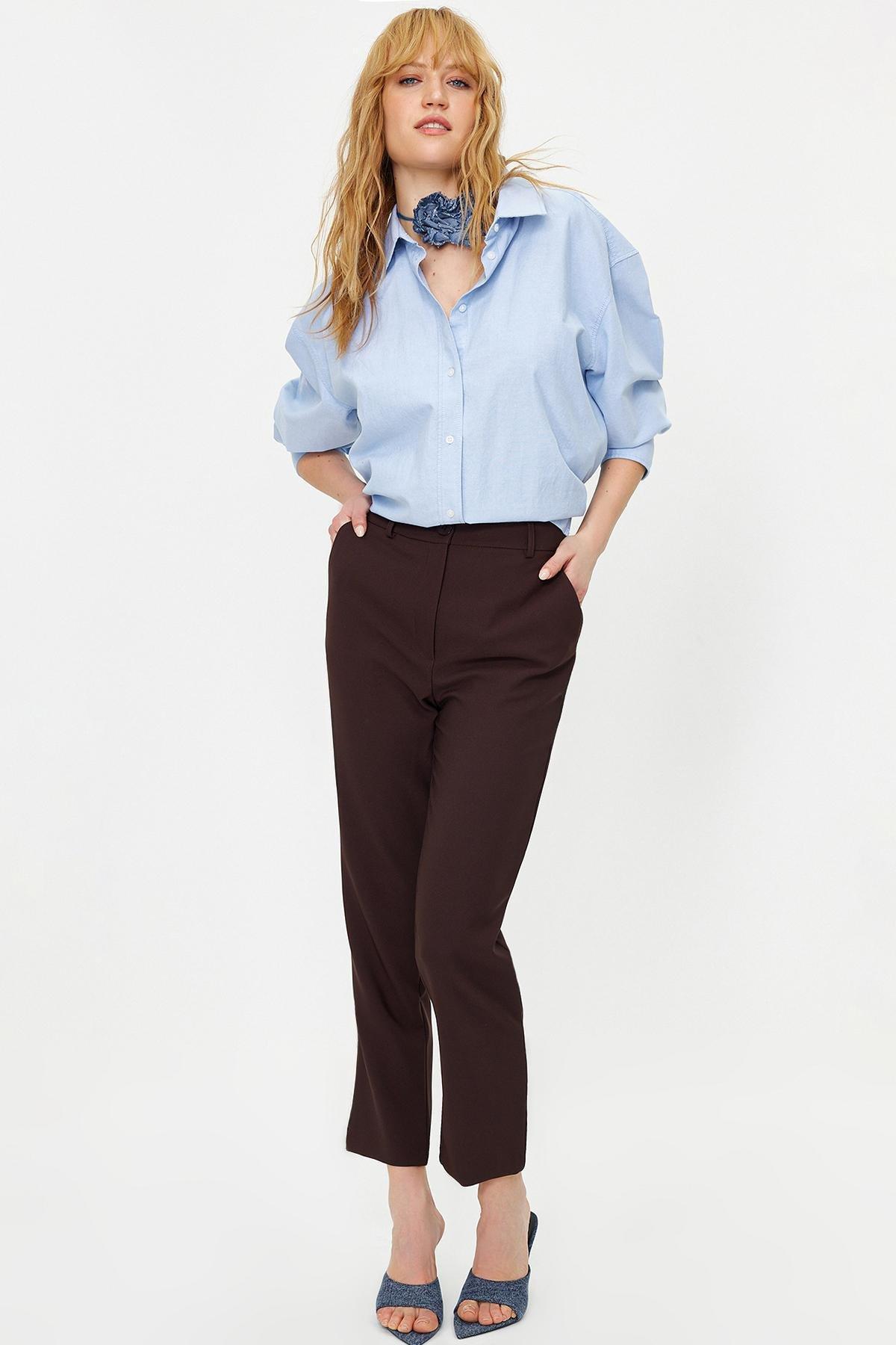 Brown Basic Cigarette Trousers, Dark brown, large image number 2