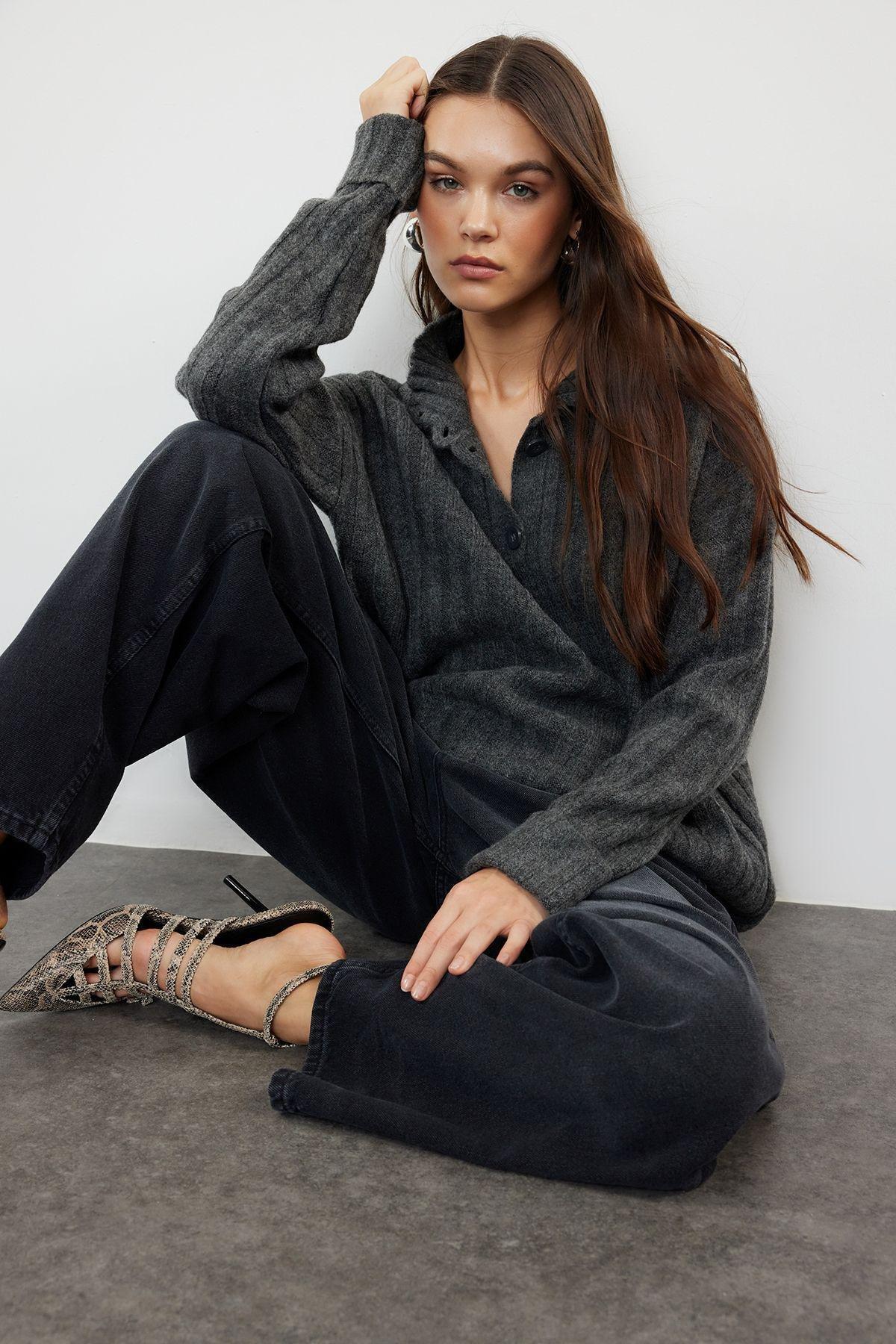 Anthracite Textured Oversized Knitwear, , medium