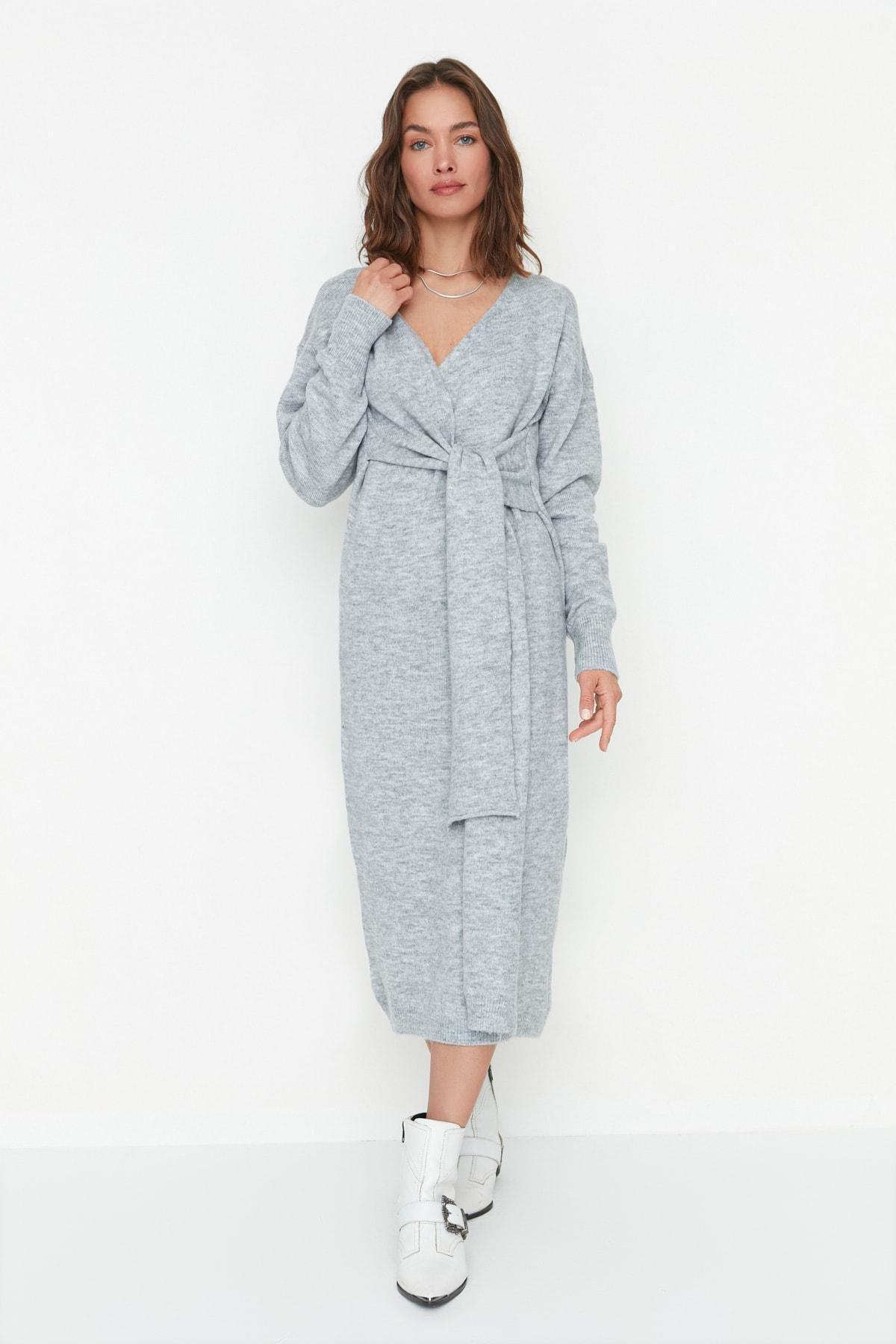 Grey Wrapover Double-Breasted Dress, , large image number 0