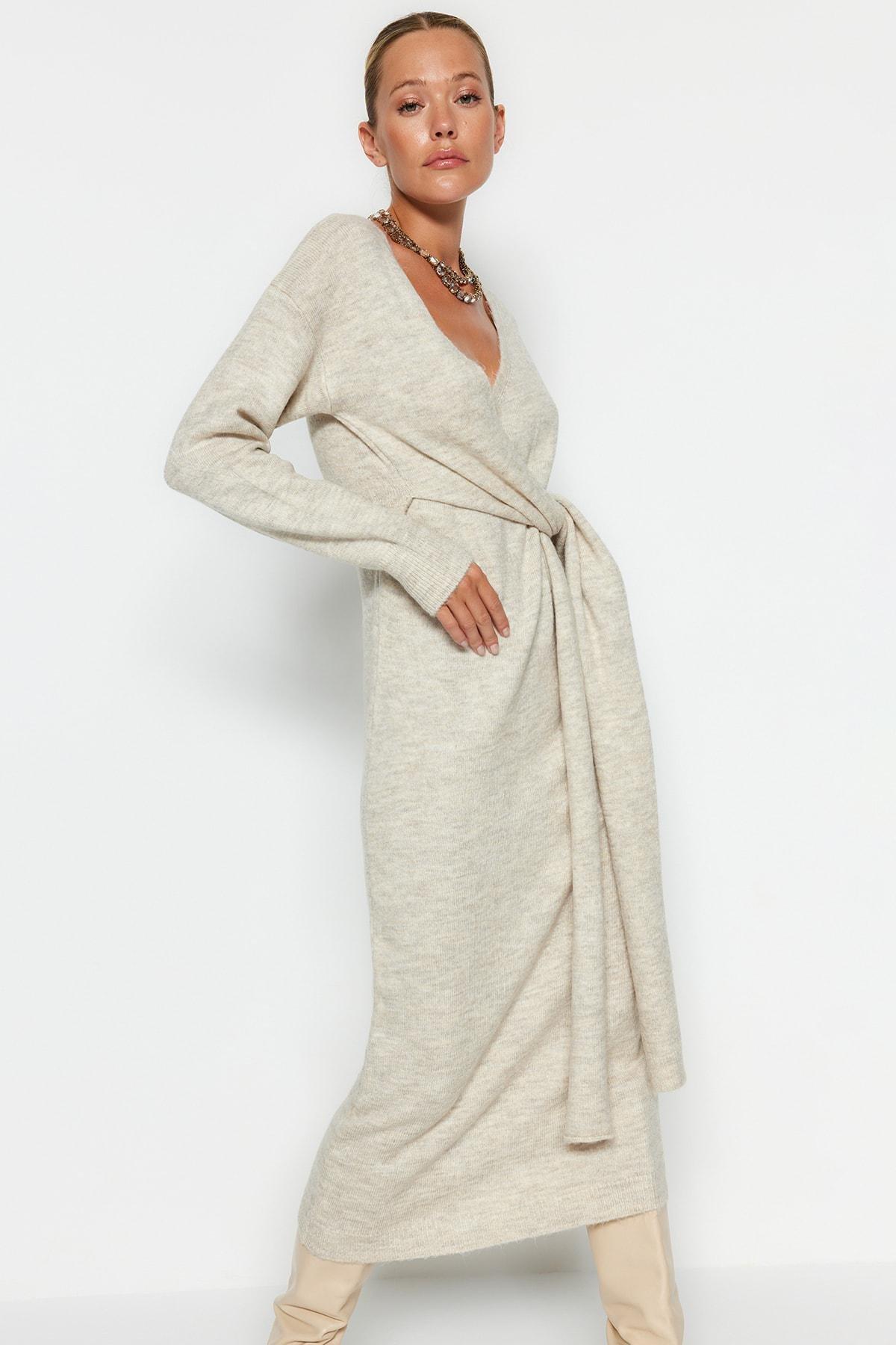 Grey Wrapover Double-Breasted Dress, , large image number 1