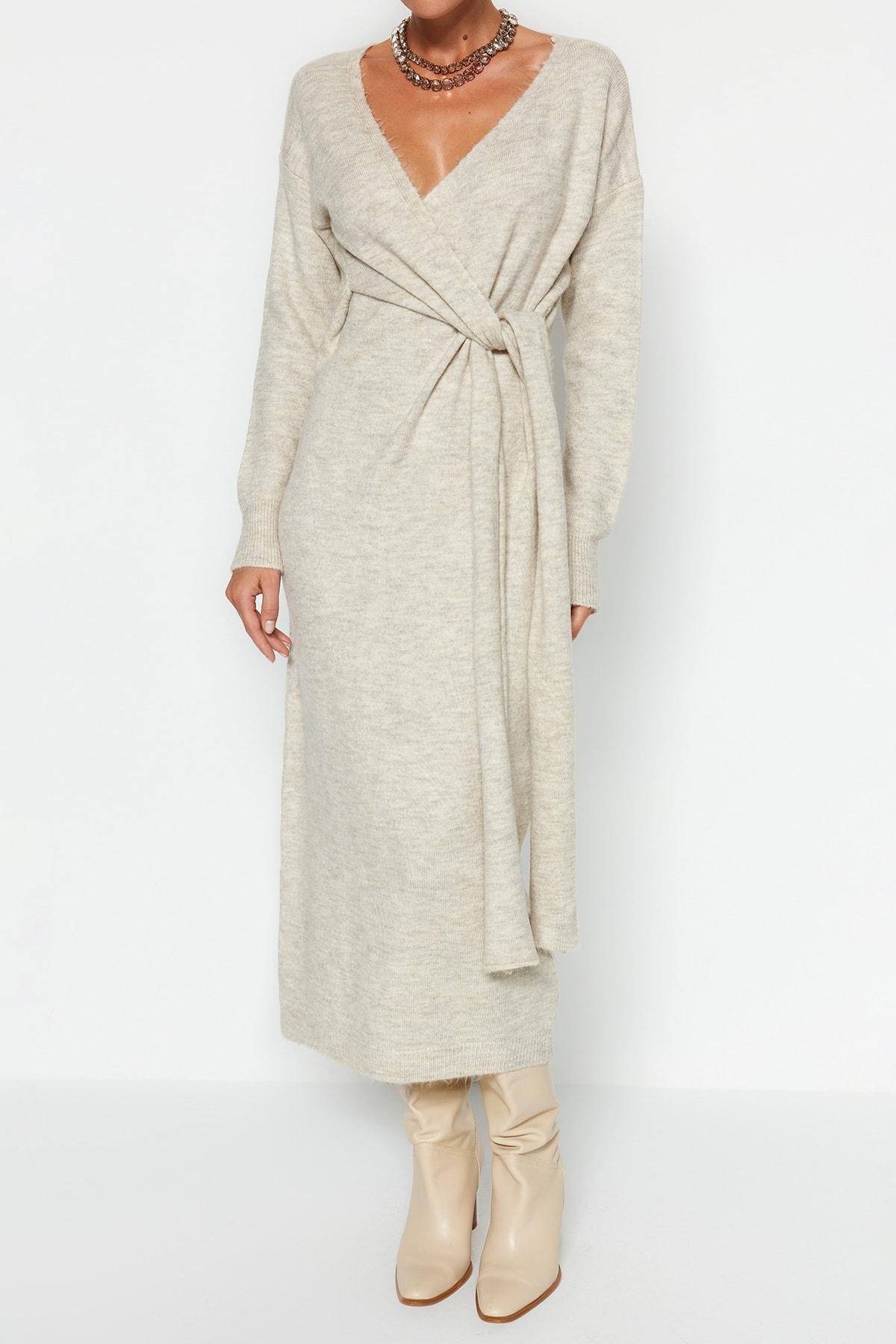 Grey Wrapover Double-Breasted Dress, , large image number 2
