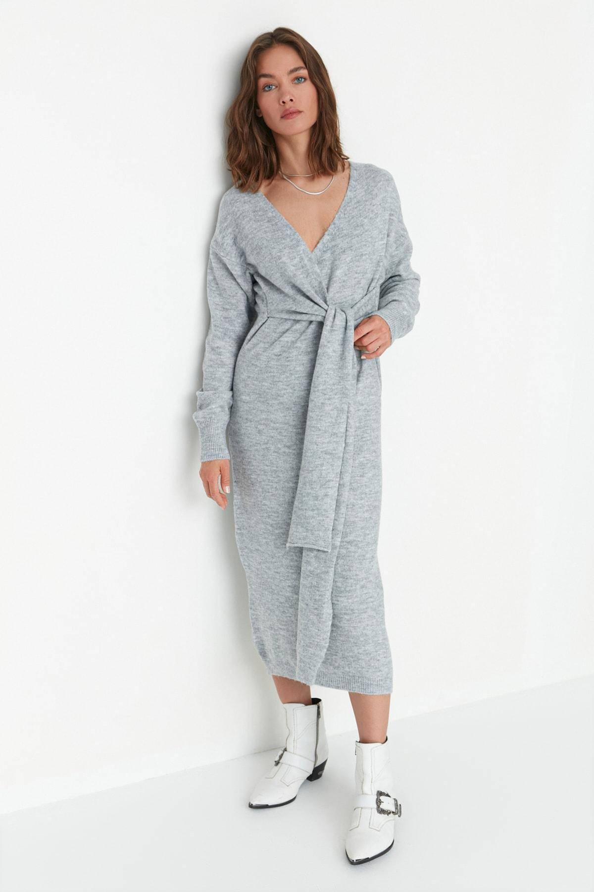 Grey Wrapover Double-Breasted Dress, , large image number 3
