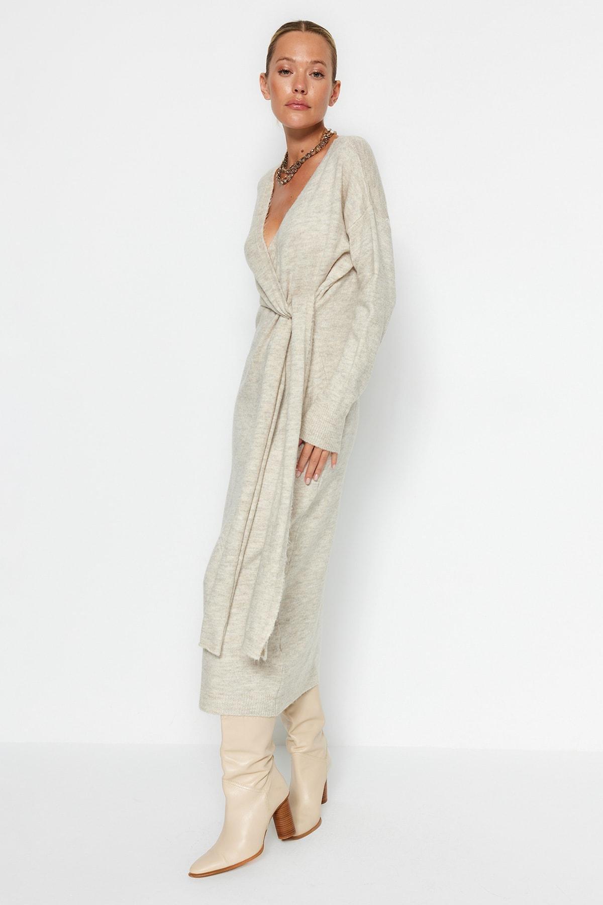 Grey Wrapover Double-Breasted Dress, , large image number 6
