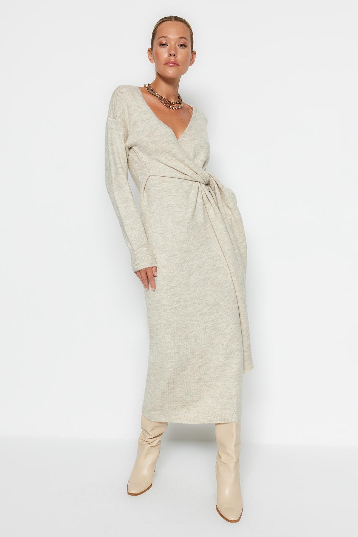 Grey Wrapover Double-Breasted Dress, , large image number 8