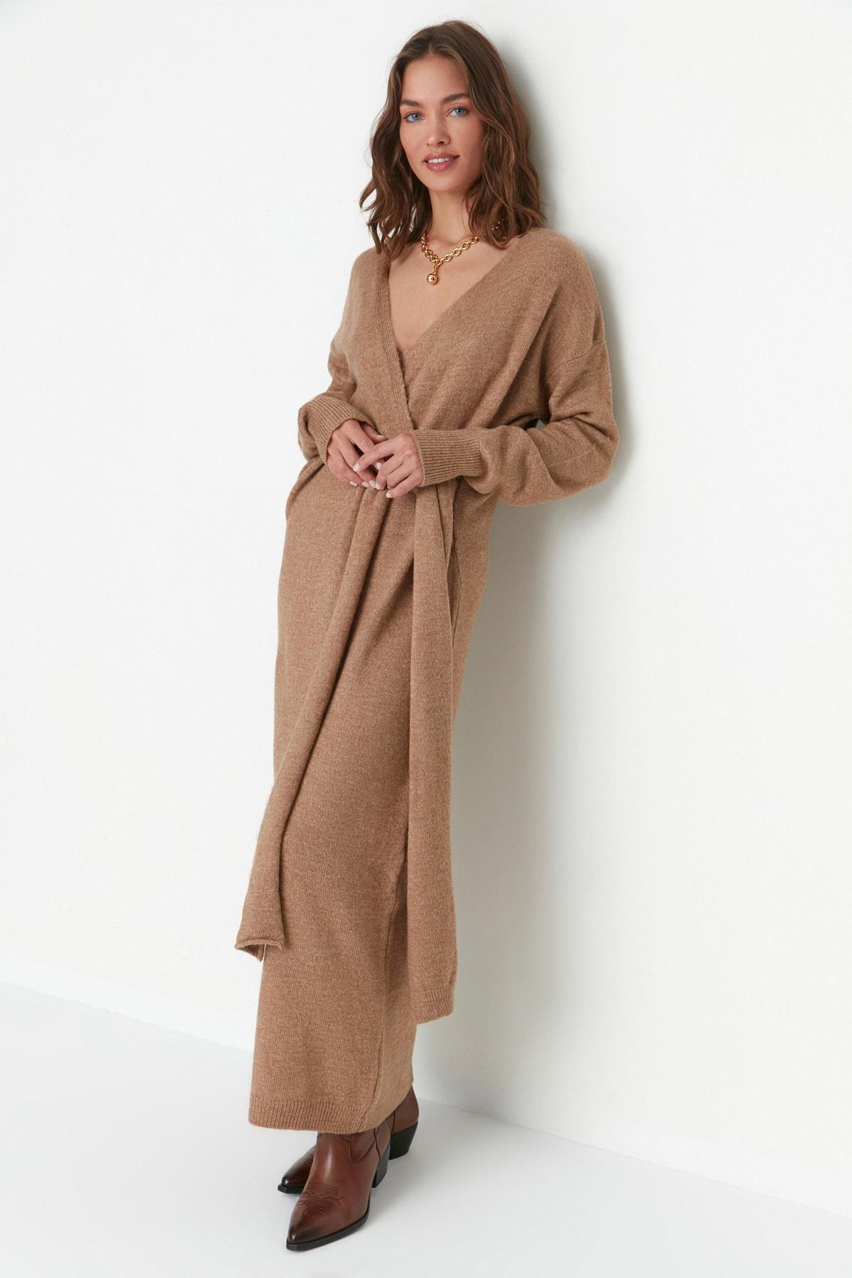 Brown Double-Breasted Off-Shoulder Dress, , large image number 0