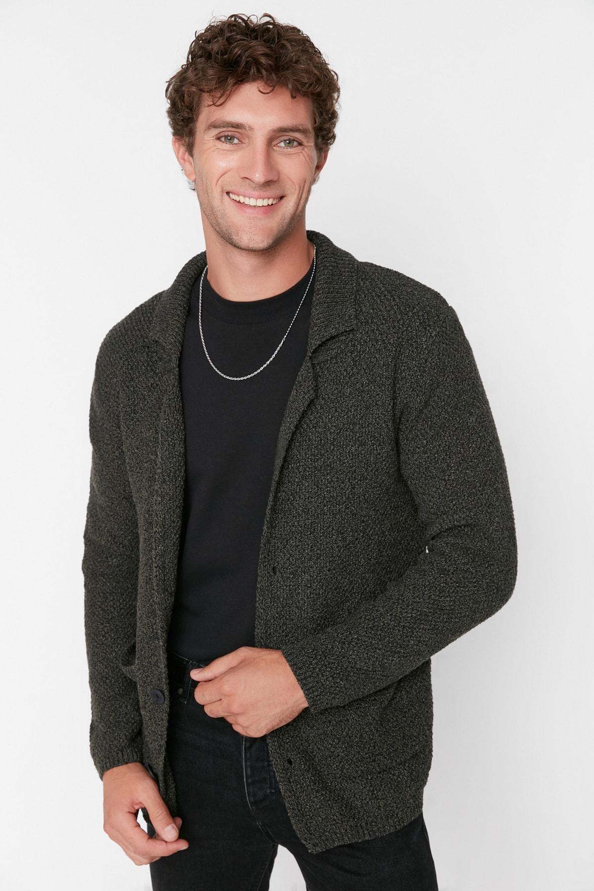 Khaki Lapel Collar Cardigan, , large image number 0