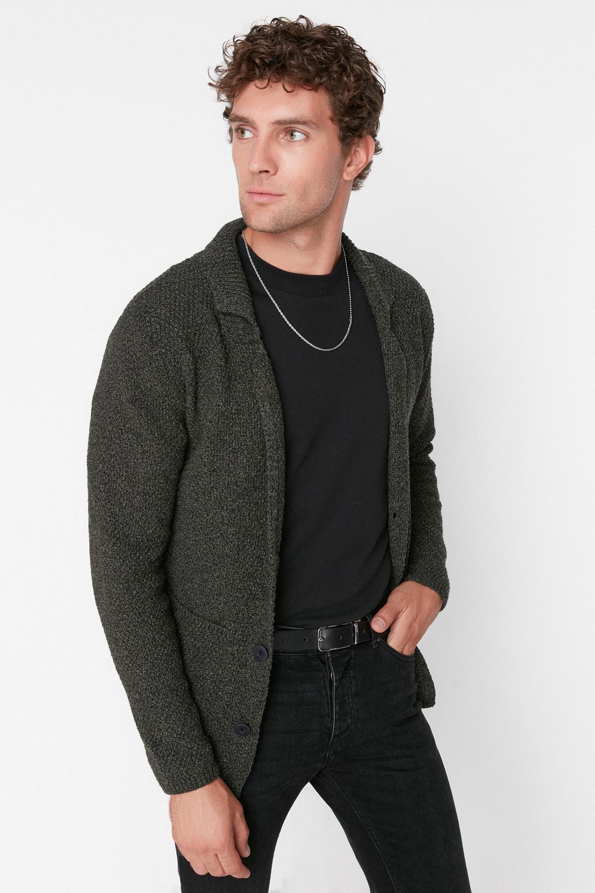 Khaki Lapel Collar Cardigan, , large image number 1