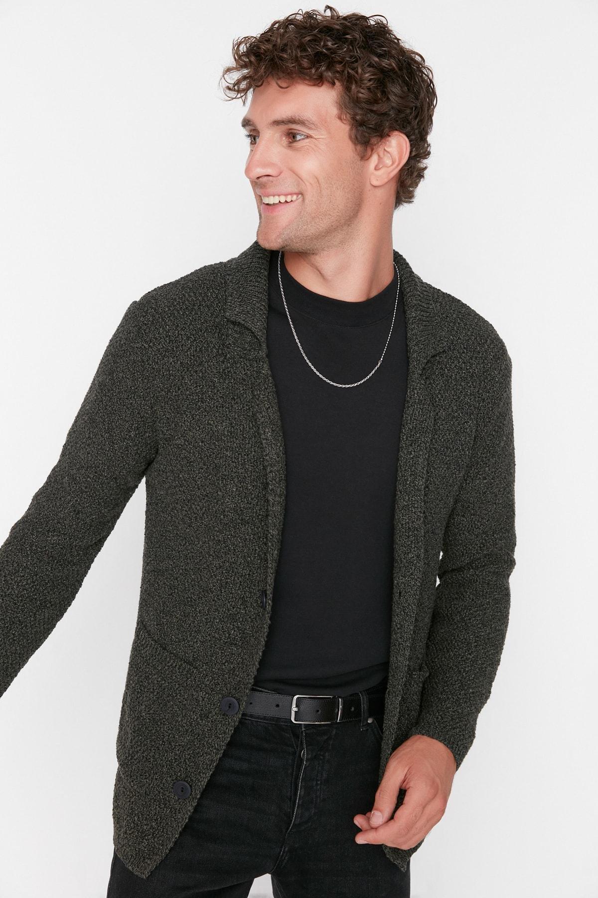 Khaki Lapel Collar Cardigan, , large image number 2