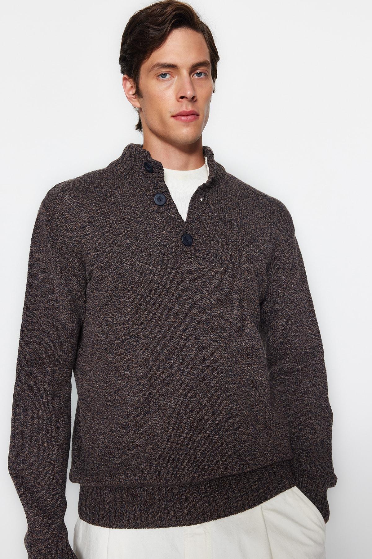 Brown Slim High Neck Sweater, , large image number 0