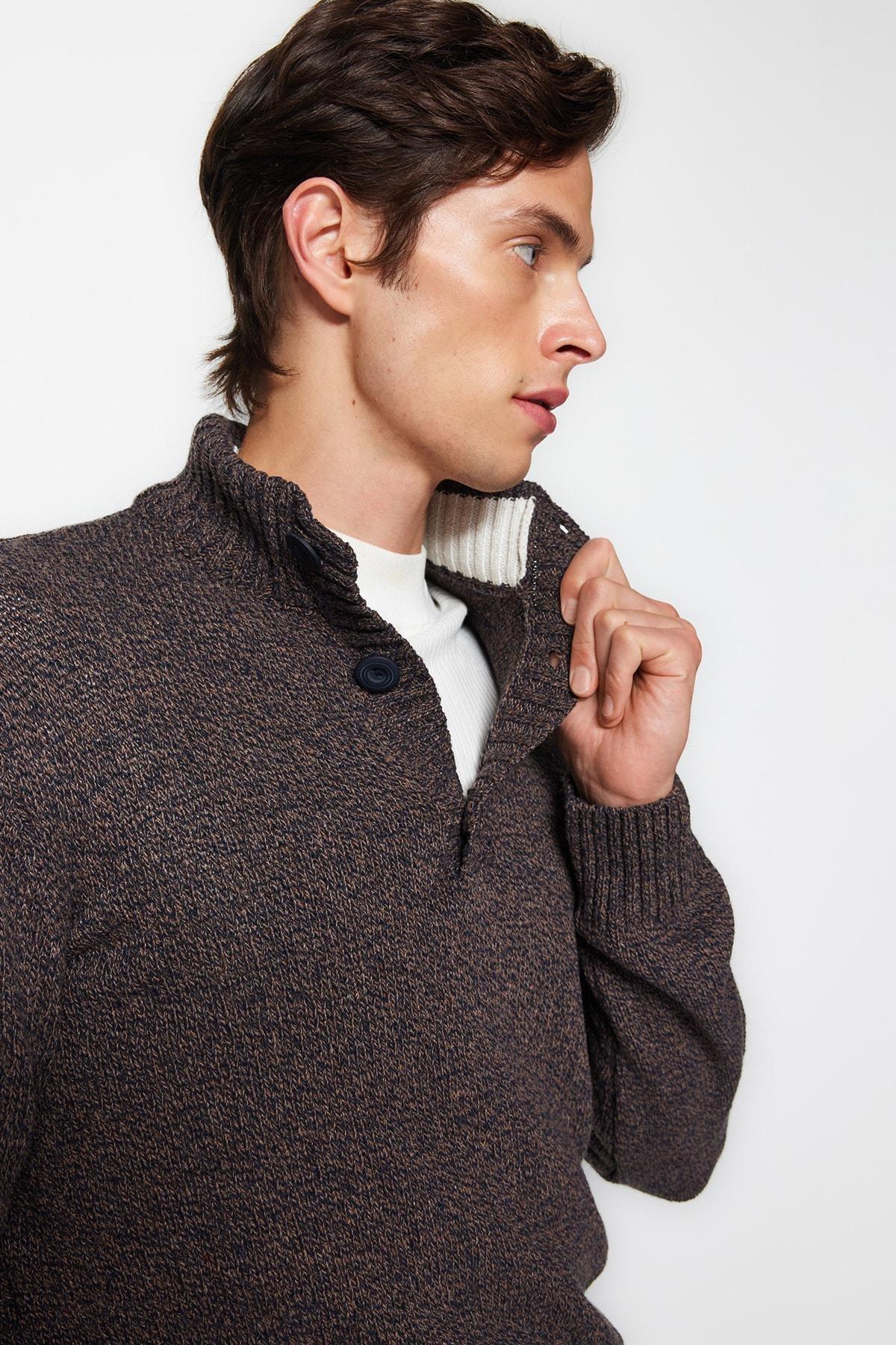 Brown Slim High Neck Sweater, , large image number 3