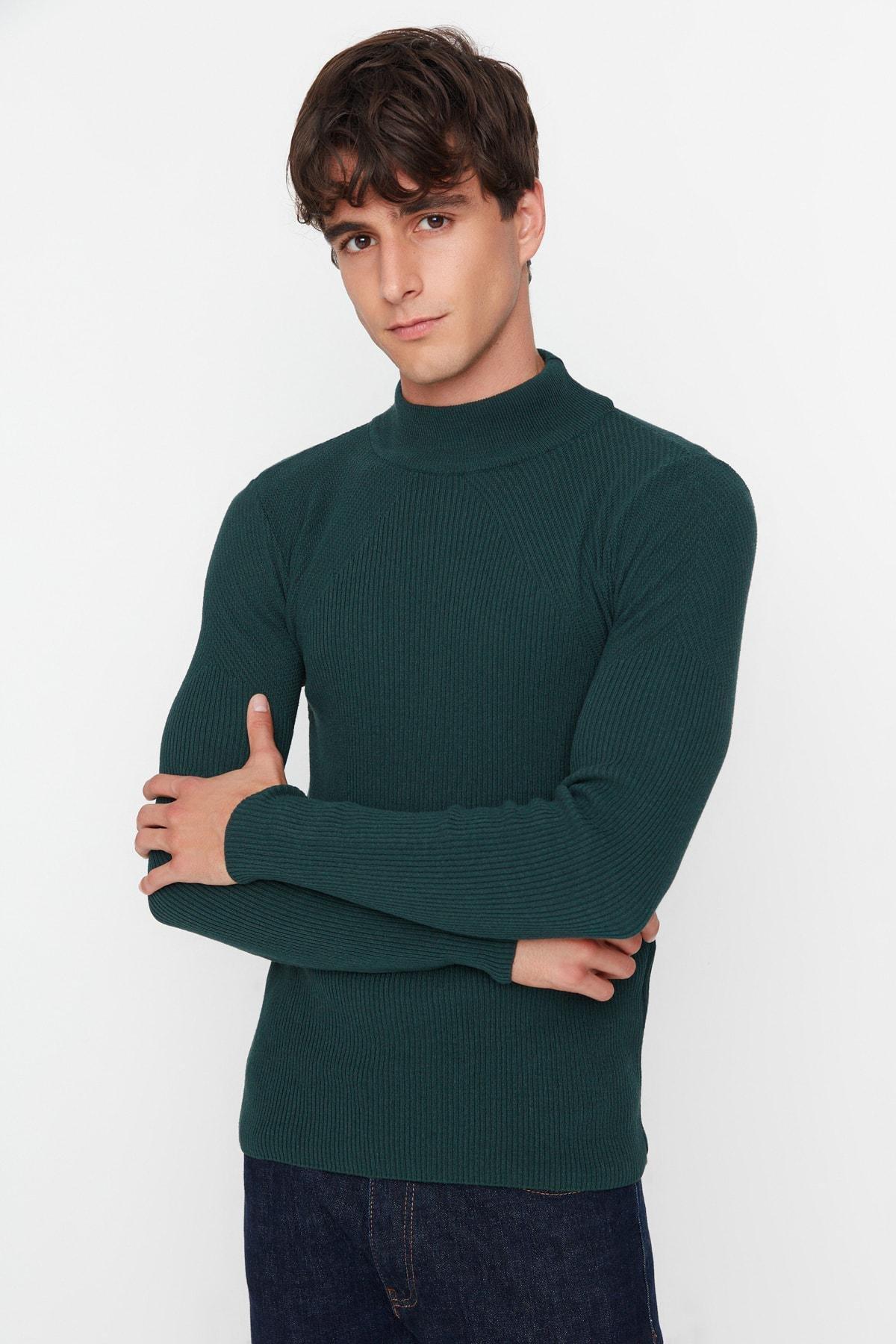 Green High Neck Slim Sweater, , large image number 0