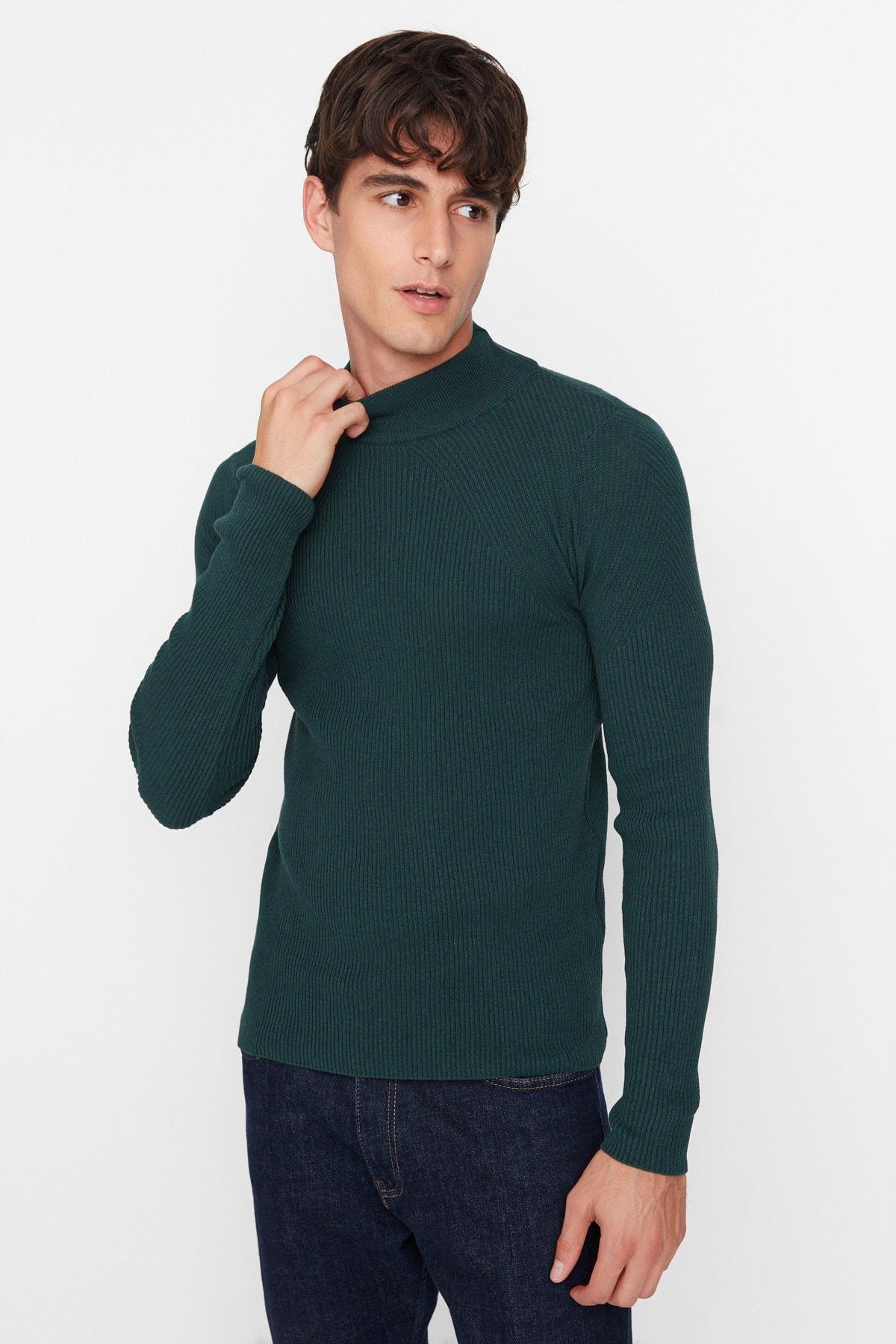 Green High Neck Slim Sweater, , large image number 1