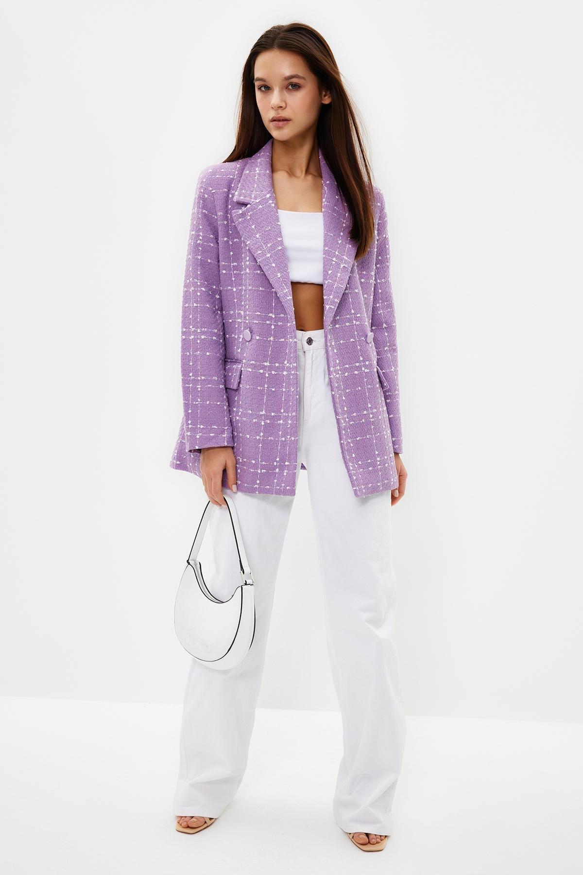 Purple Oversize Woven Plaid Blazer Jacket, , large image number 0