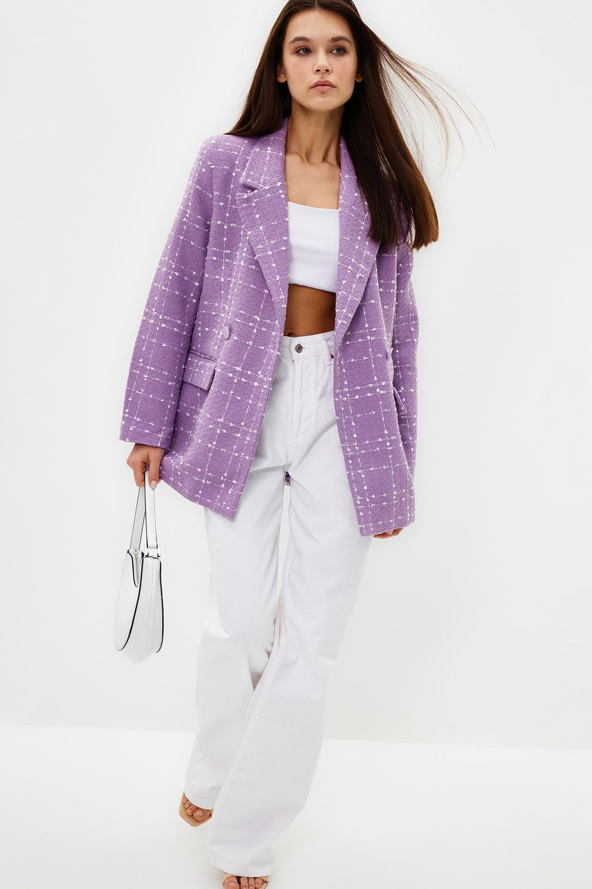 Purple Oversize Woven Plaid Blazer Jacket, , large image number 1