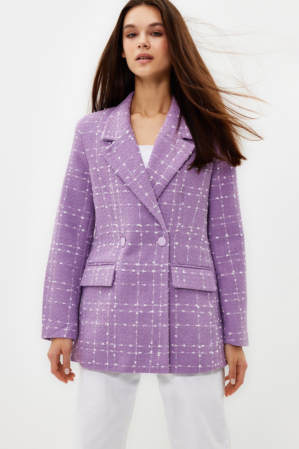Purple Oversize Woven Plaid Blazer Jacket, , large image number 2