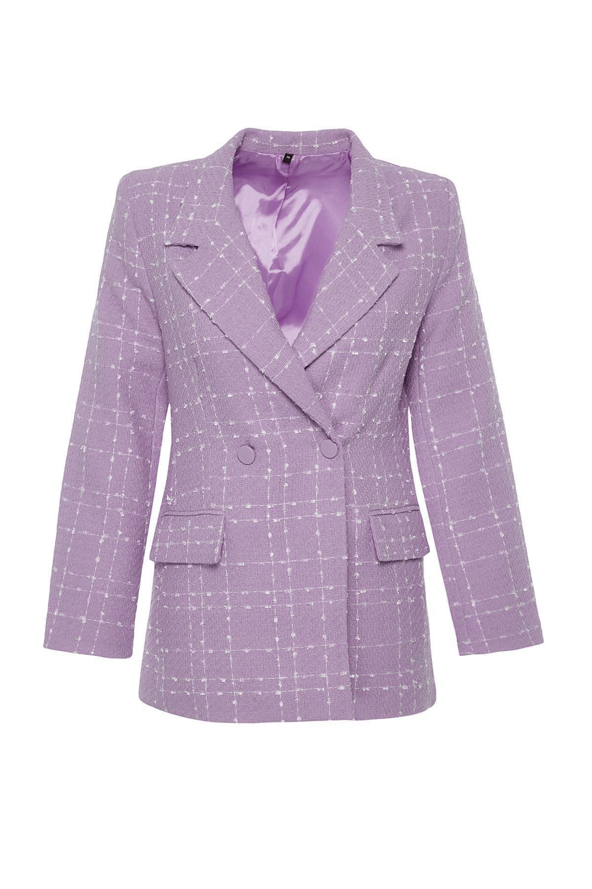 Purple Oversize Woven Plaid Blazer Jacket, , large image number 5