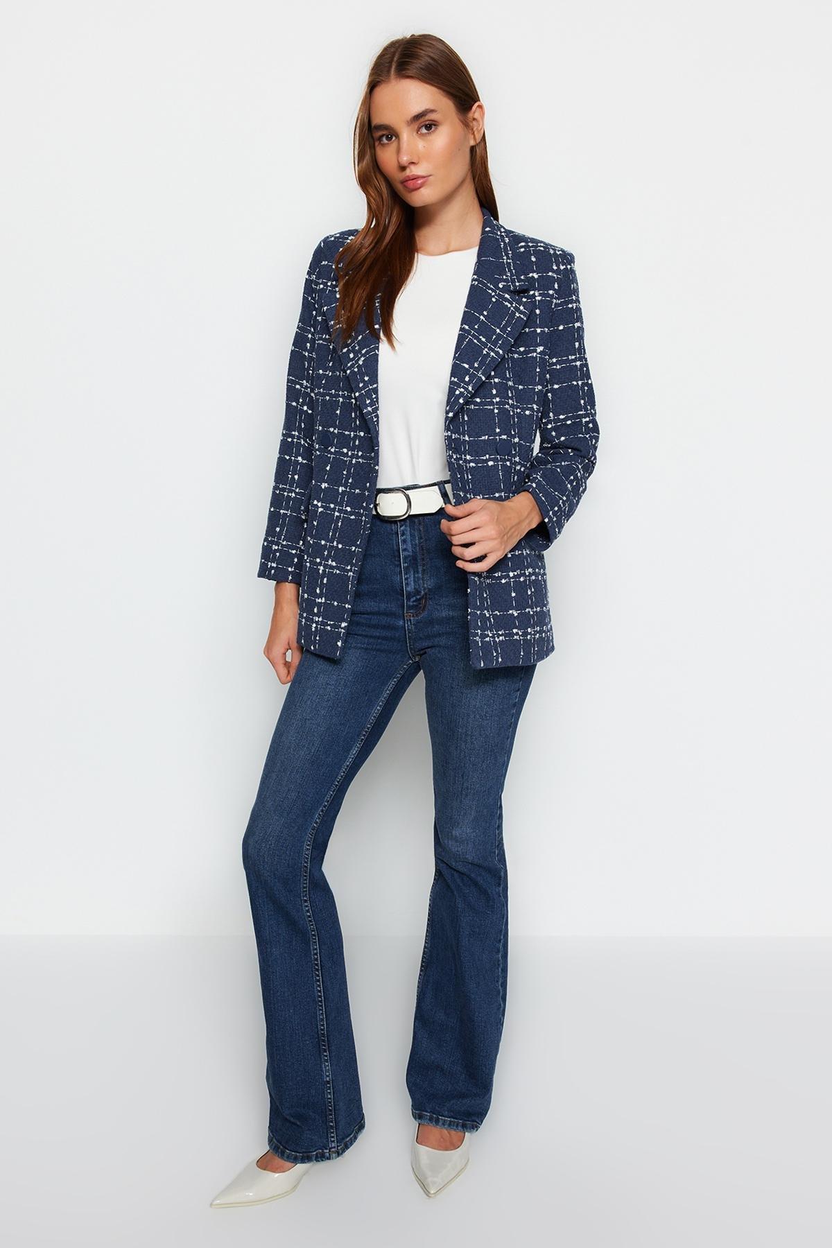 Navy Tweed Plaid Blazer Jacket, , large image number 0