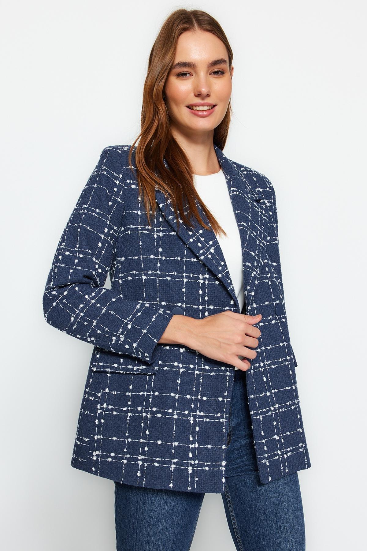 Navy Tweed Plaid Blazer Jacket, , large image number 1