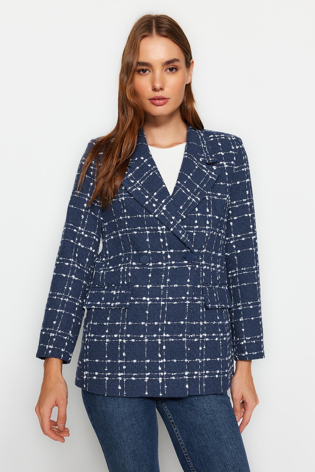 Navy Tweed Plaid Blazer Jacket, , large image number 2