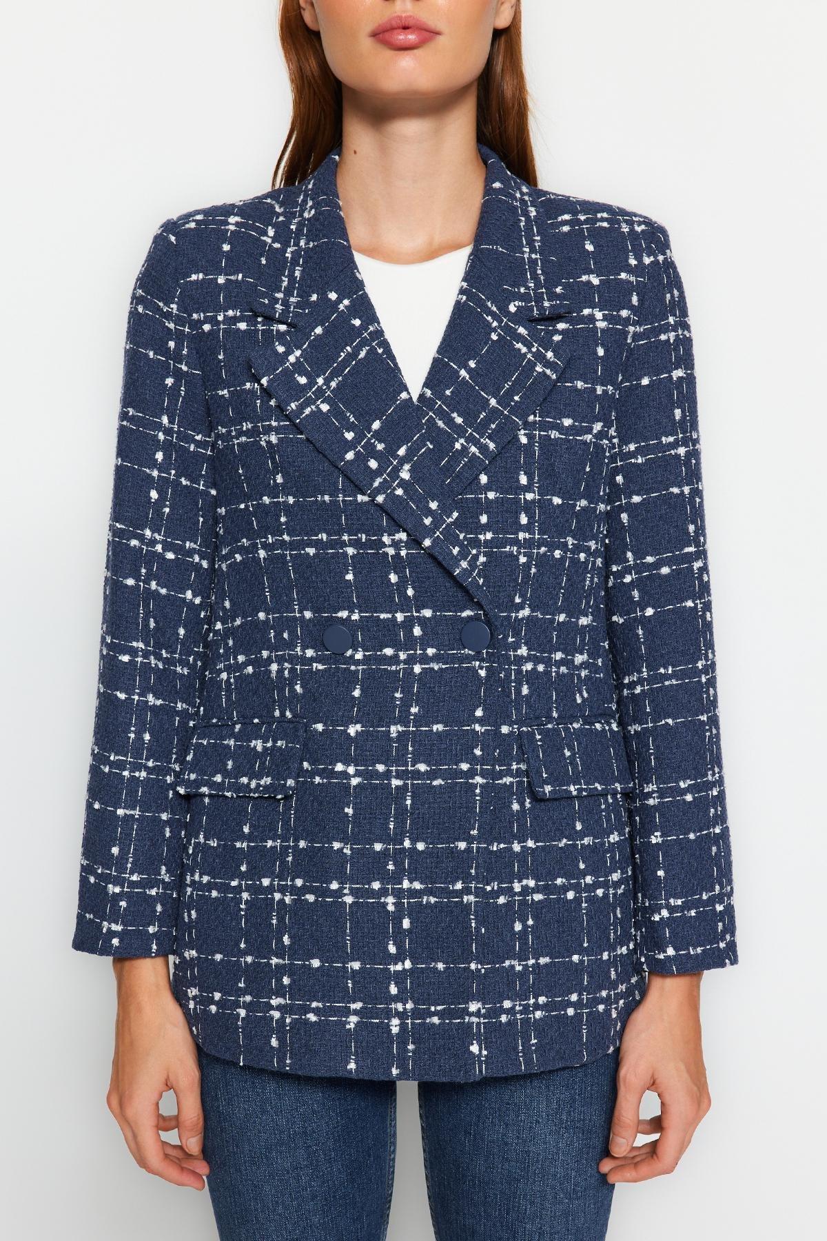 Navy Tweed Plaid Blazer Jacket, , large image number 3