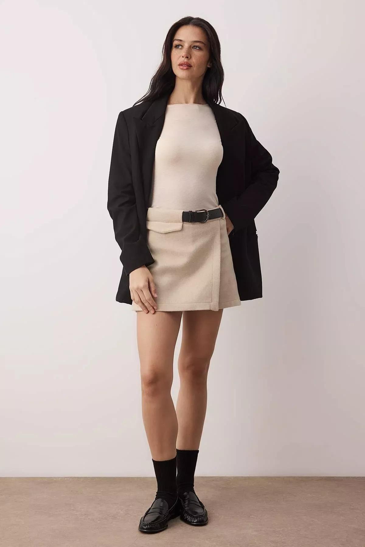 Beige Belted Detailed Mini Skirt, STONE, medium