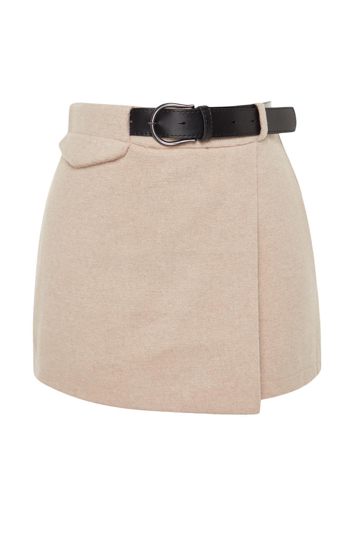 Beige Belted Detailed Mini Skirt, STONE, large image number 5