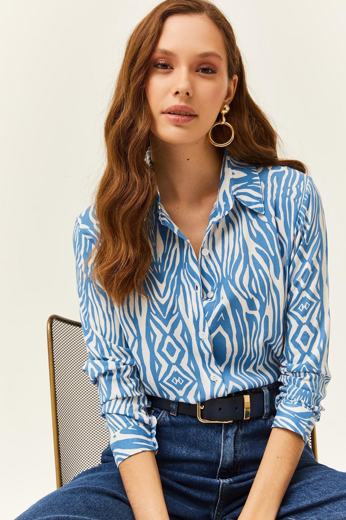 Blue Zebra Patterned Viscose Shirt, , large image number 0