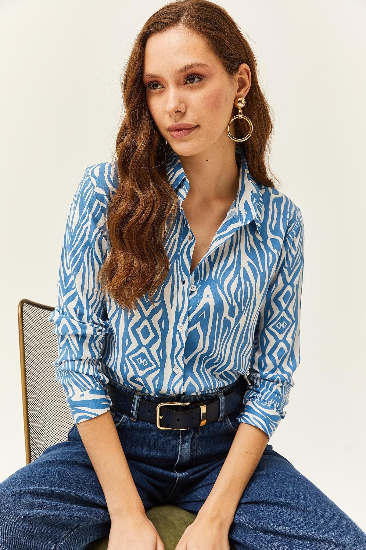 Blue Zebra Patterned Viscose Shirt, , large image number 2